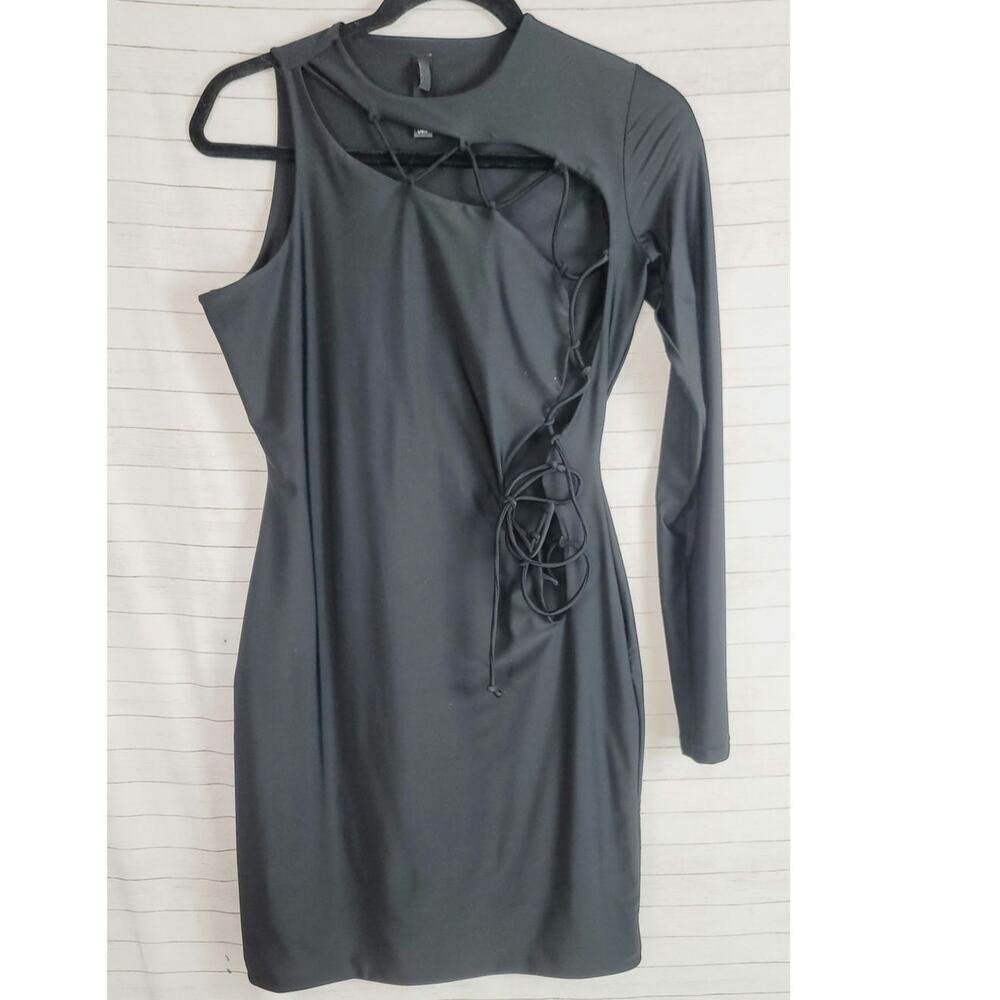 Skims Emeli Lace Up One Shoulder Mini Dress in Black, sz Large